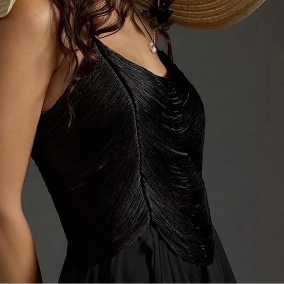 Anthropologie Fringe Bodice Black Midi Halter Dress - Picture 2 of 6